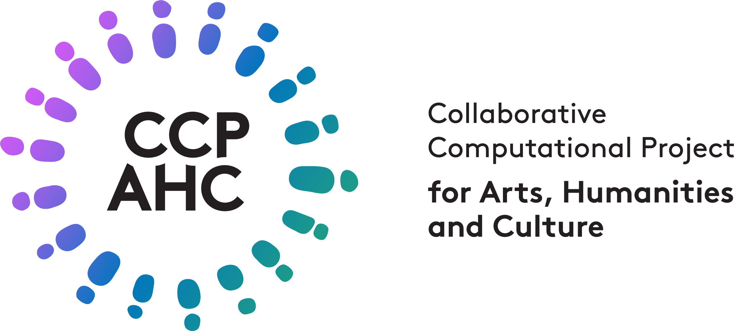 The CCP-AHC logotype showing the letters CCP-AHC in a serif font surrounded in a circular fashion by abstract representations of individuals filled in a gradient from blue to purple