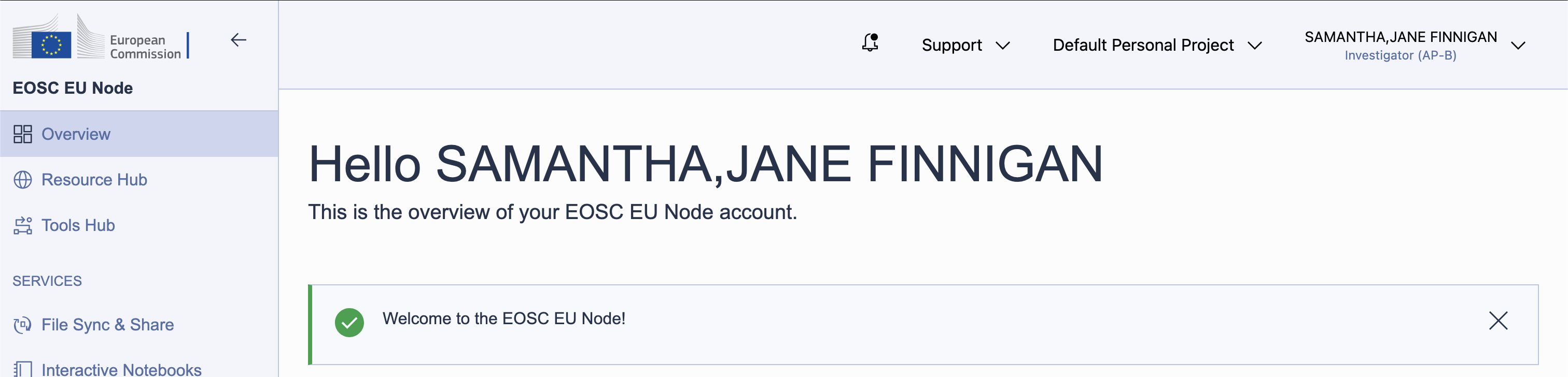 The EOSC EU Node dashboard after login
