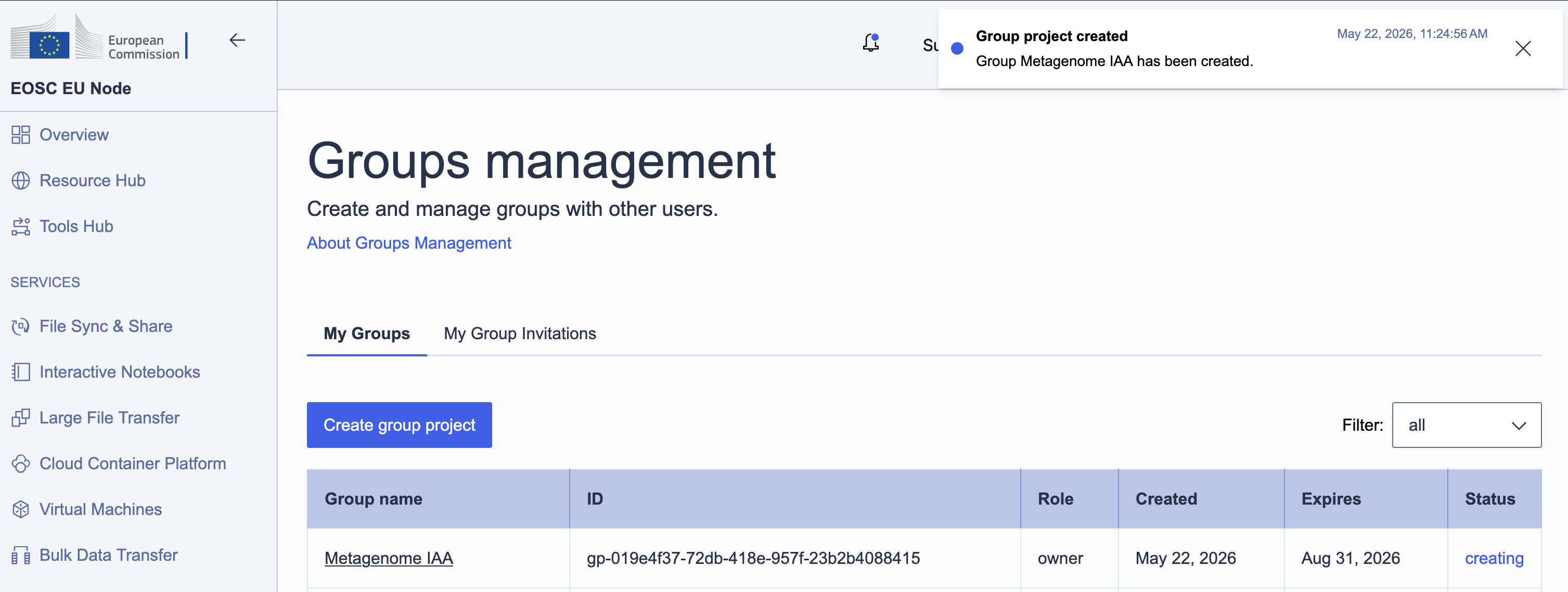 A group project created in the EOSC portal