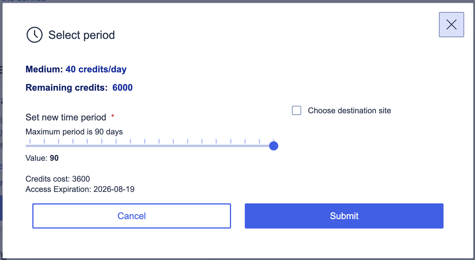 Ordering a Medium VM: 40 credits/day, 90-day maximum period