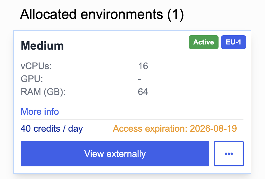The allocated Medium VM environment, 16 vCPUs and 64 GB RAM, showing Active status