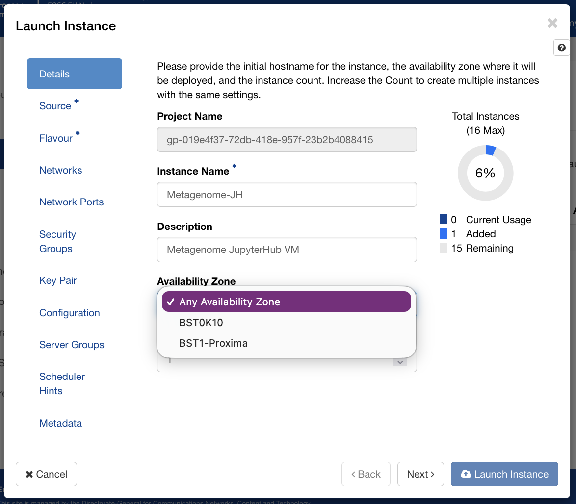 Launch Instance dialog, Details tab: instance name and description