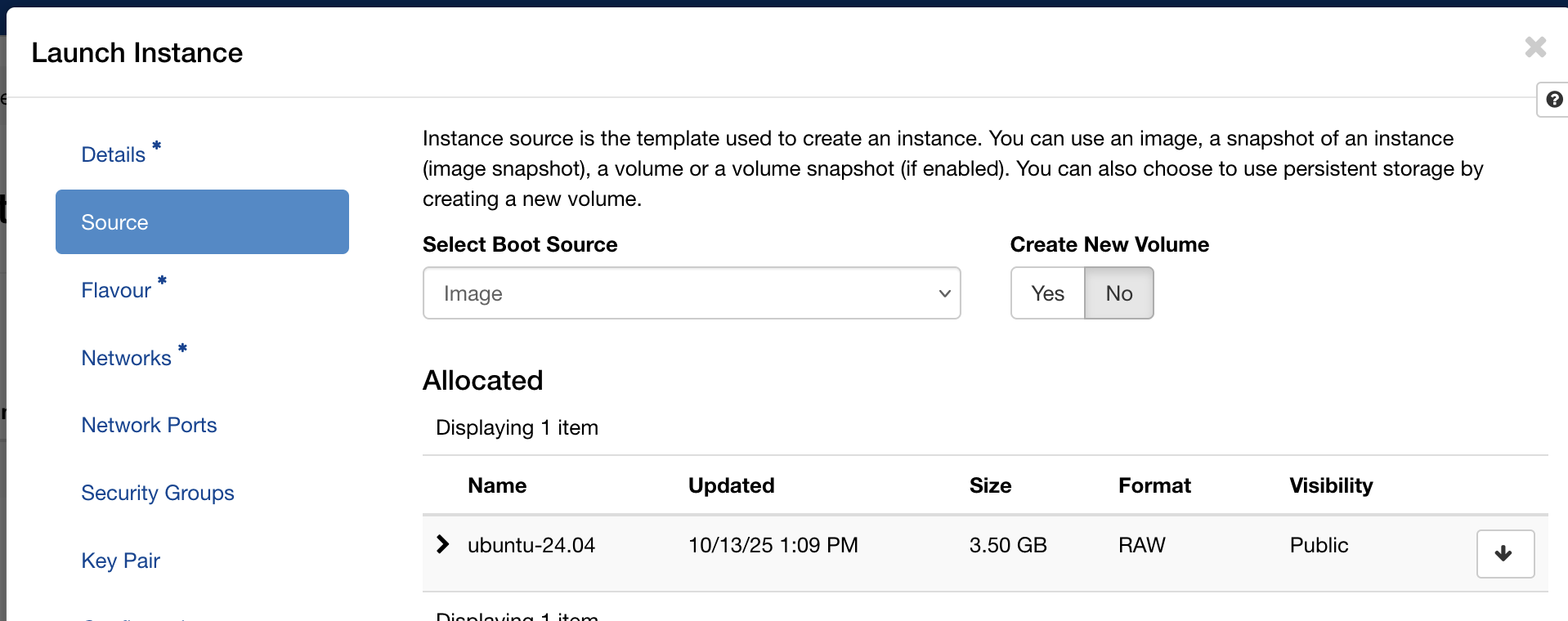 Launch Instance Source tab: ubuntu-24.04 selected, no new volume