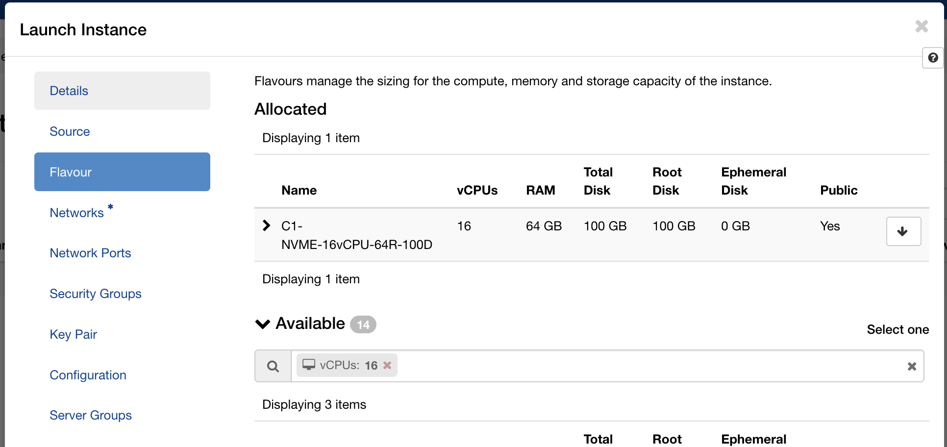 Launch Instance Flavour tab: C1-NVME-16vCPU-64R-100D selected