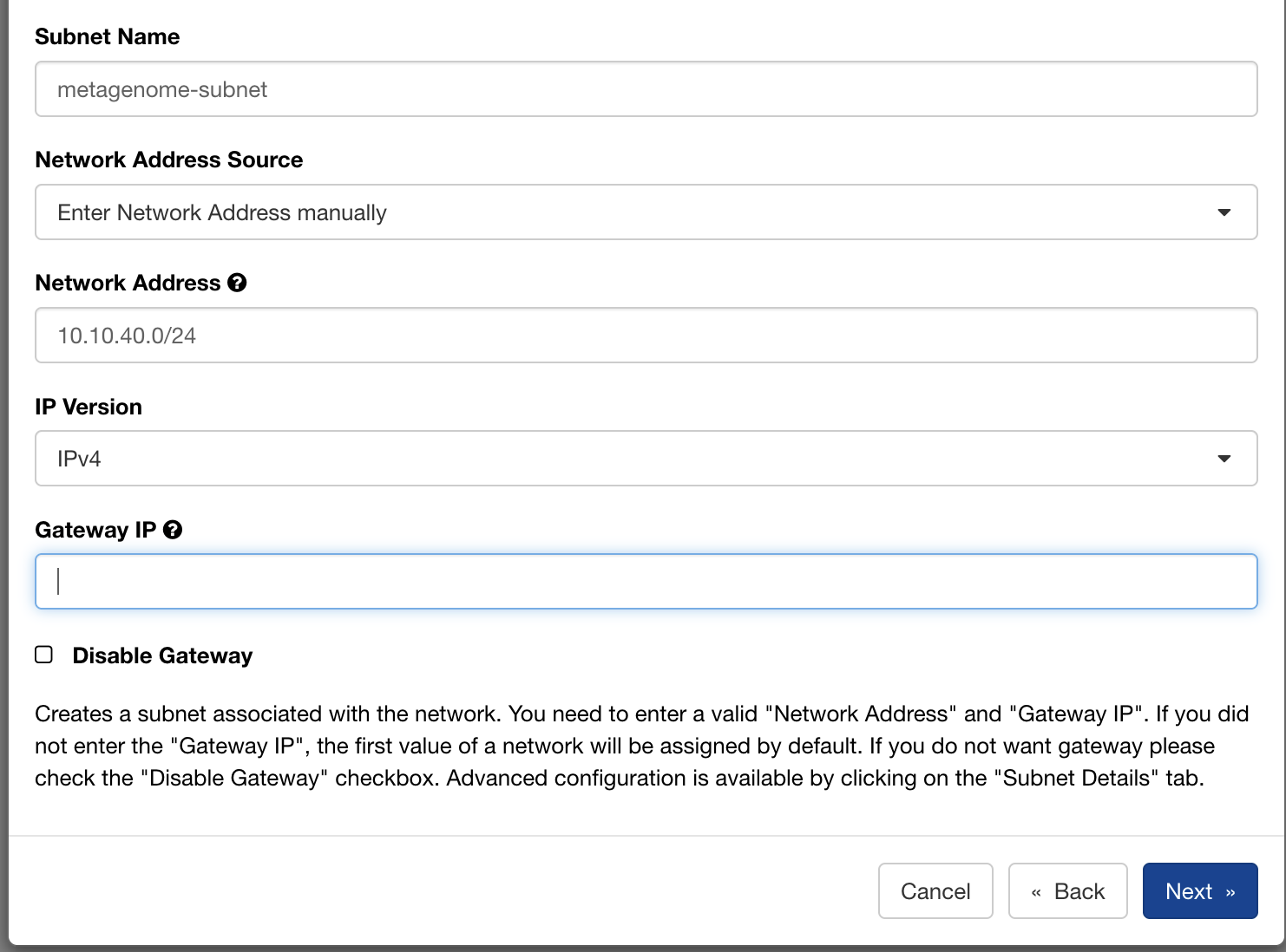 Creating the subnet with address range 10.10.40.0/24