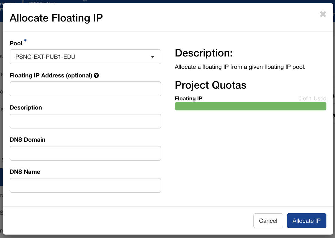 Allocate Floating IP dialog, selecting from the PSNC-EXT-PUB1-EDU pool